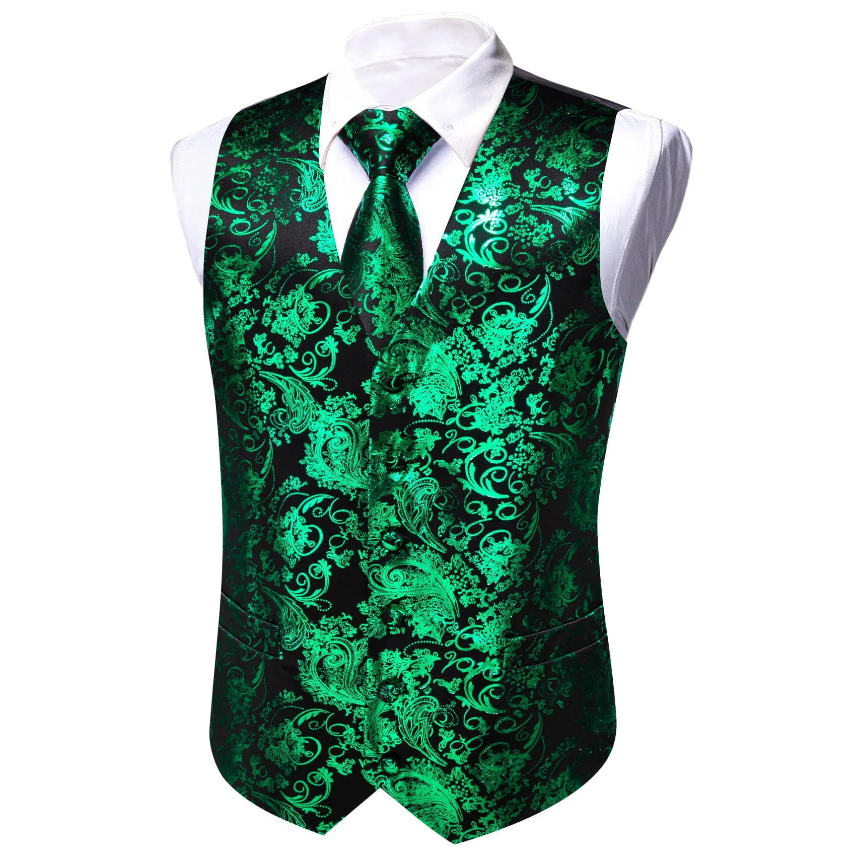 Ties2you Vest for Men Black Emerald Floral V Neck Hot Stamping Silk Vest Dress Tie Set