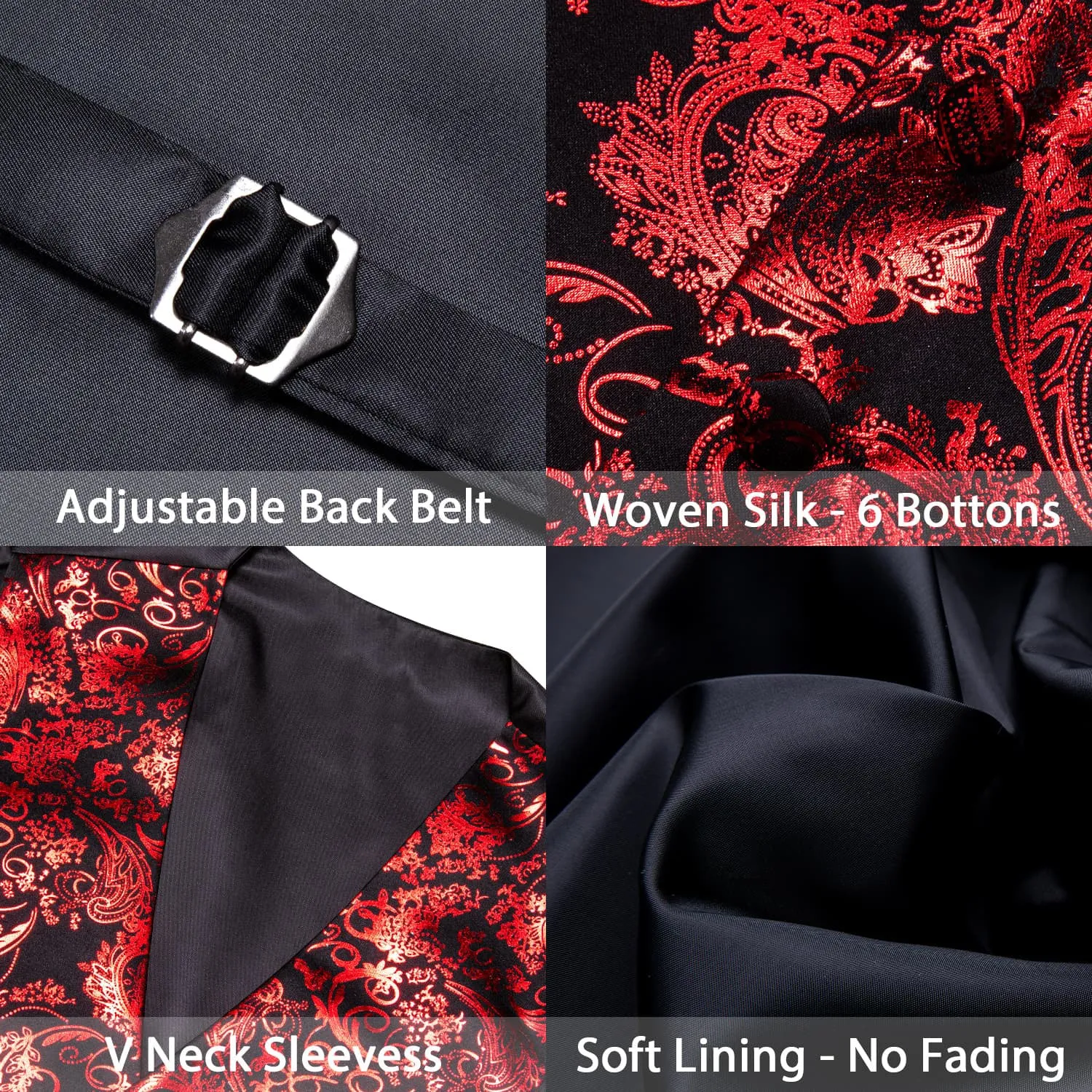 Ties2you Vest for Men Black Red Floral V Neck Hot Stamping Silk Vest Dress Tie Set for Wedding