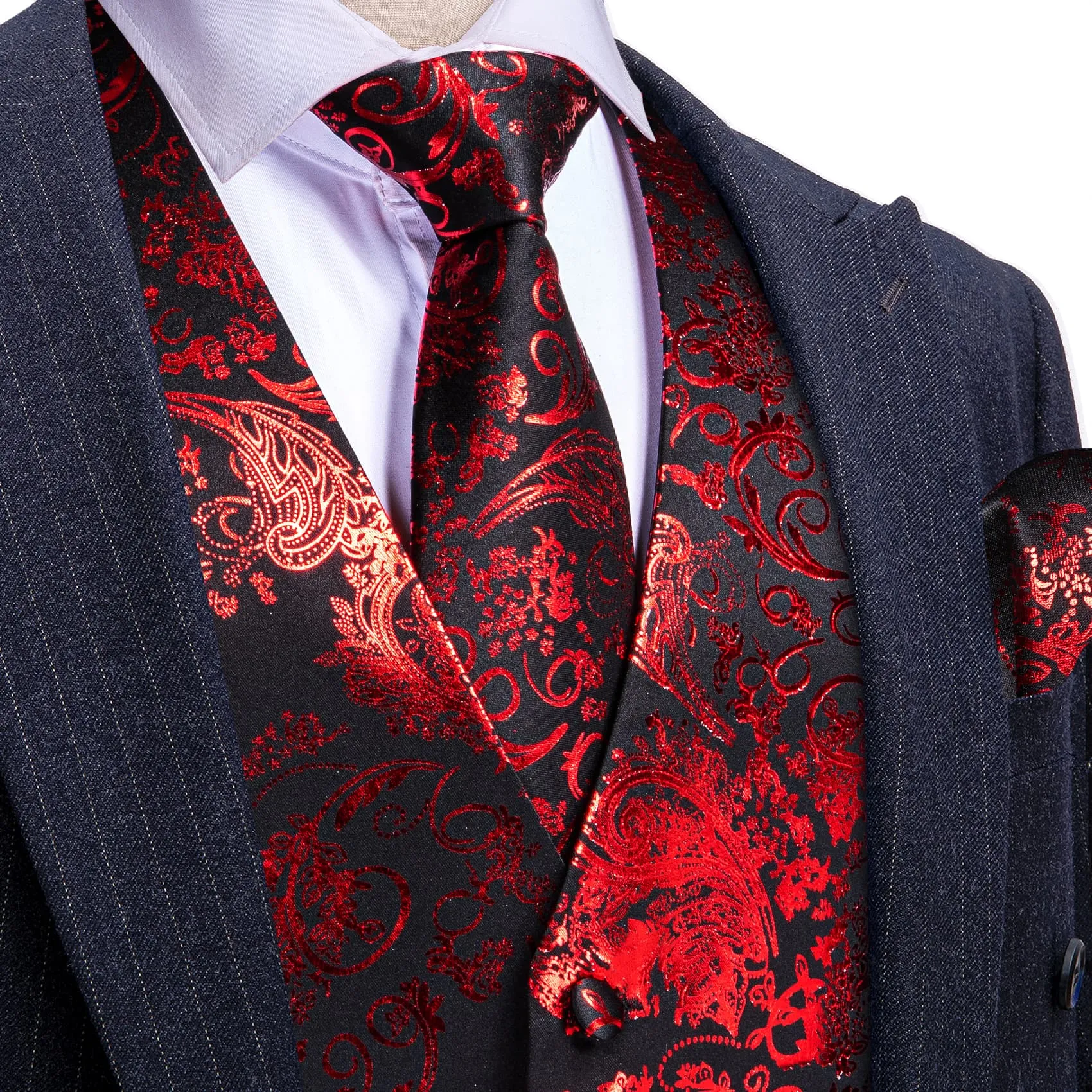 Ties2you Vest for Men Black Red Floral V Neck Hot Stamping Silk Vest Dress Tie Set for Wedding