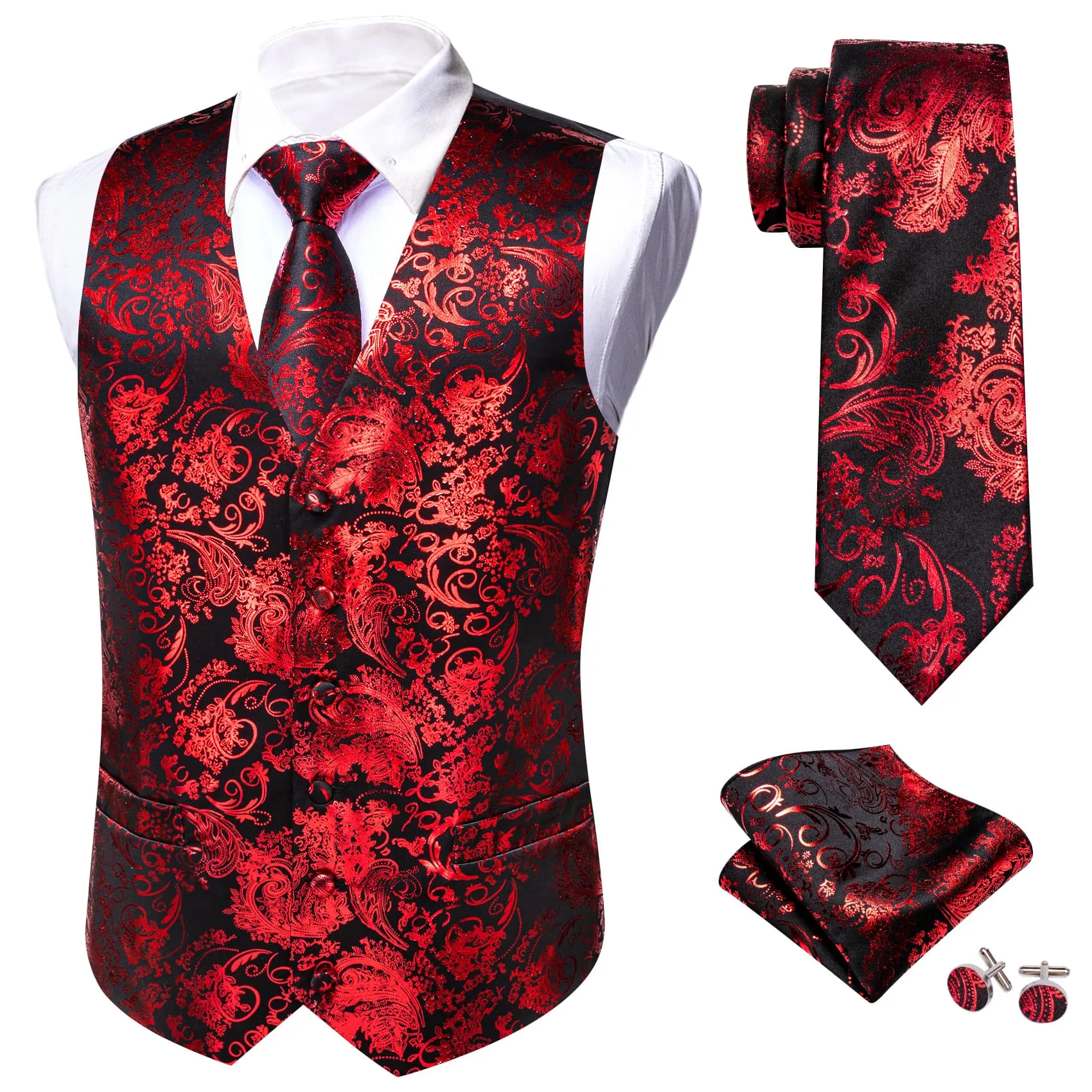 Ties2you Vest for Men Black Red Floral V Neck Hot Stamping Silk Vest Dress Tie Set for Wedding