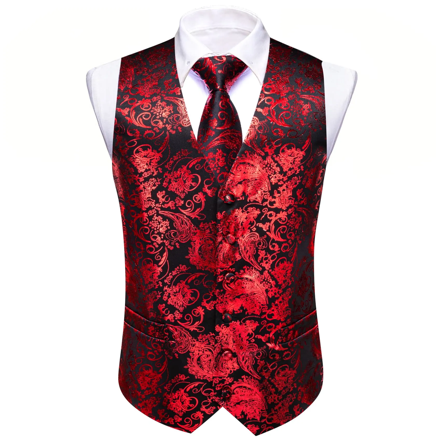 Ties2you Vest for Men Black Red Floral V Neck Hot Stamping Silk Vest Dress Tie Set for Wedding