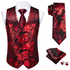 Ties2you Vest for Men Black Red Floral V Neck Hot Stamping Silk Vest Dress Tie Set for Wedding