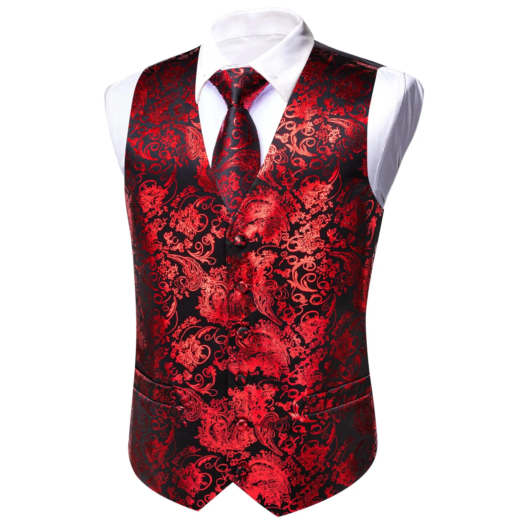 Ties2you Vest for Men Black Red Floral V Neck Hot Stamping Silk Vest Dress Tie Set for Wedding