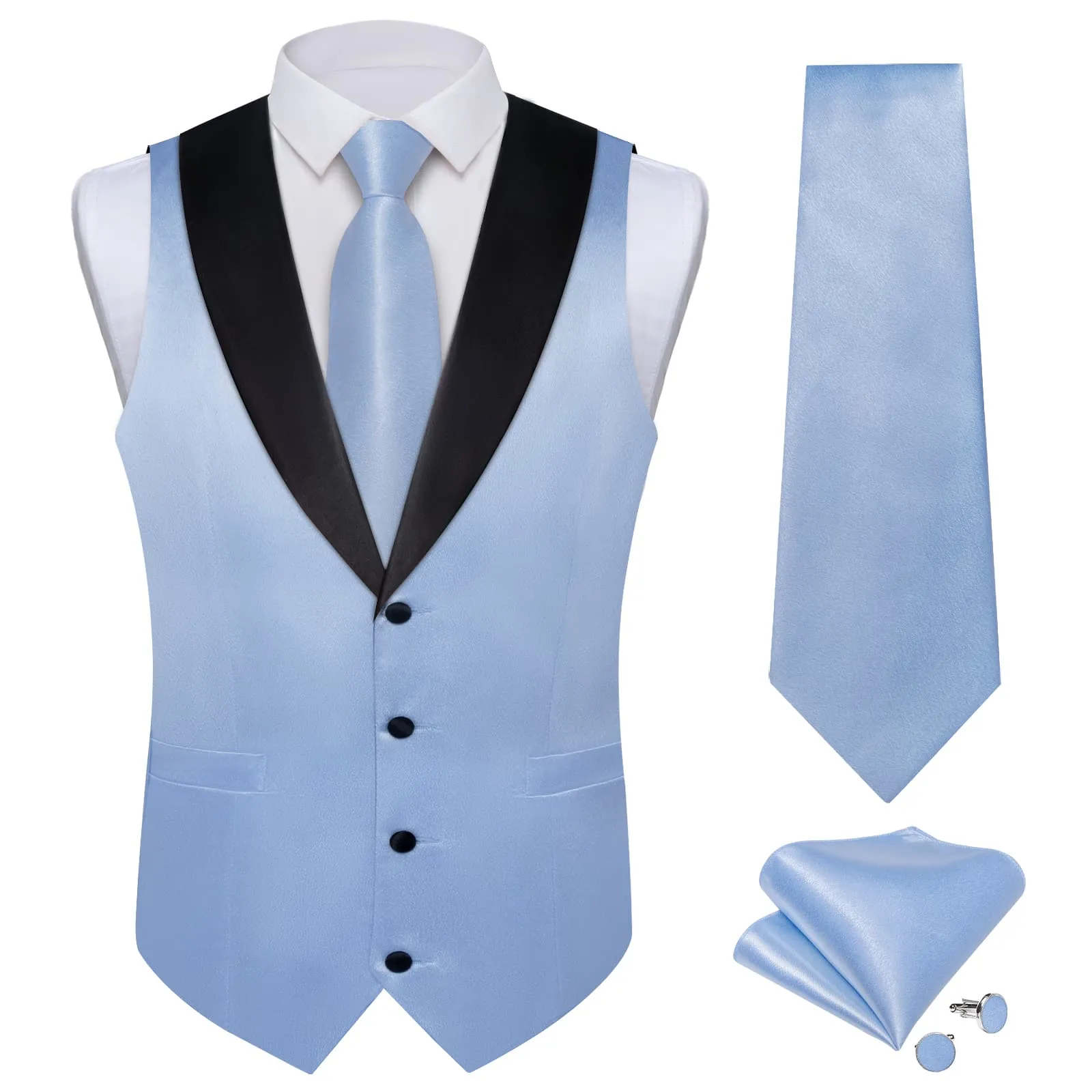 Ties2you Work Vest Carolina Blue Solid Shawl Collar Silk Mens Dress Vest Tie Set