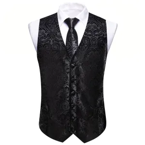 Ties2you Work Vest Coal Black Paisley Silk Mens Dress Vest Tie Handkerchief Cufflinks Set