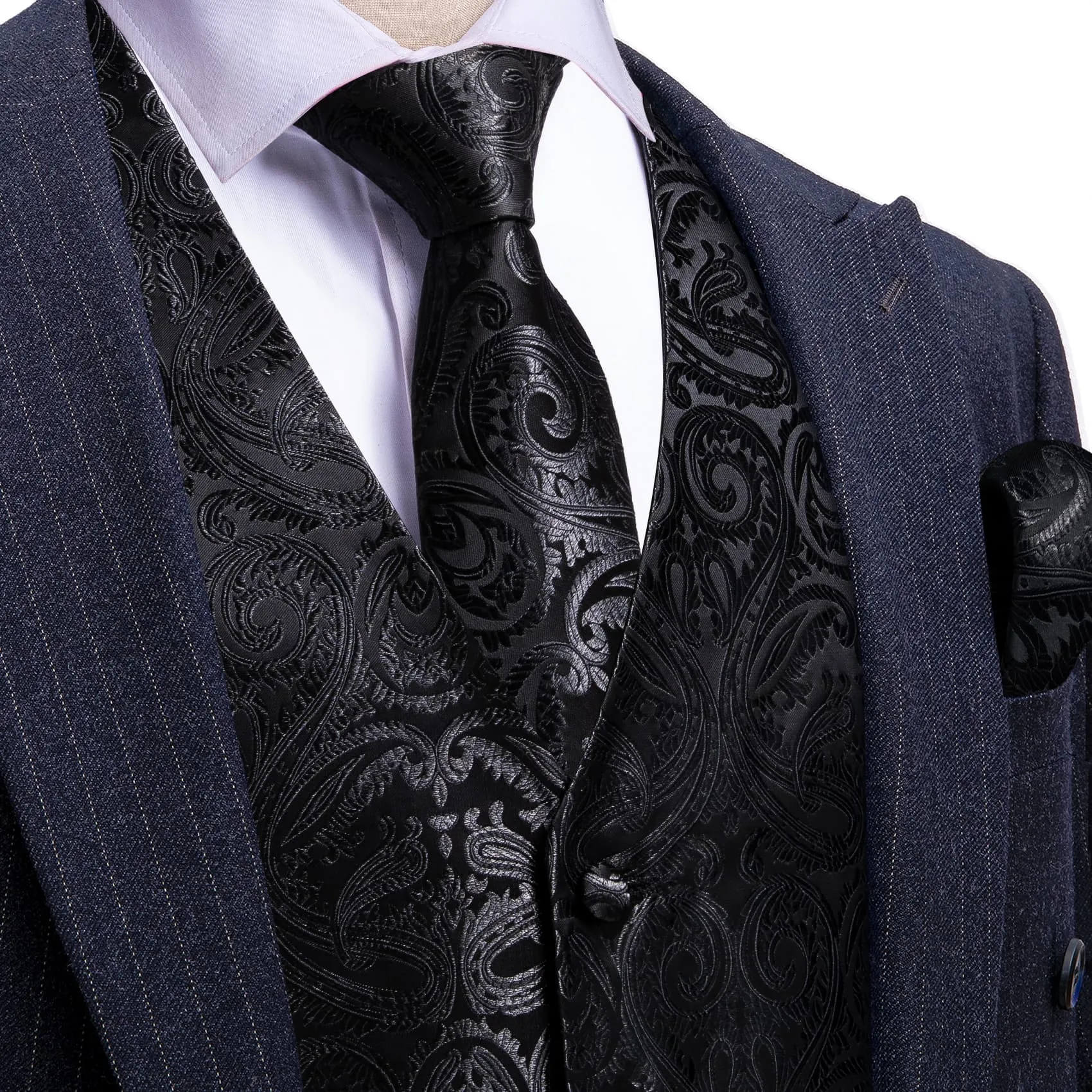 Ties2you Work Vest Coal Black Paisley Silk Mens Dress Vest Tie Handkerchief Cufflinks Set