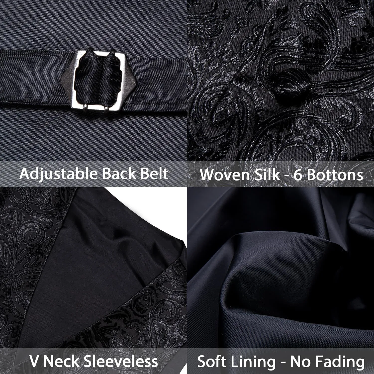 Ties2you Work Vest Coal Black Paisley Silk Mens Dress Vest Tie Handkerchief Cufflinks Set