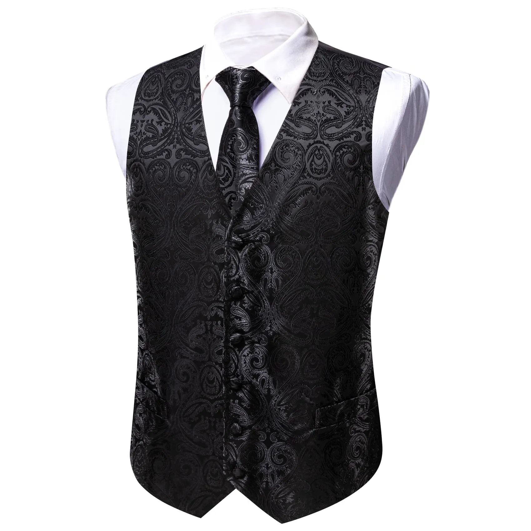 Ties2you Work Vest Coal Black Paisley Silk Mens Dress Vest Tie Handkerchief Cufflinks Set