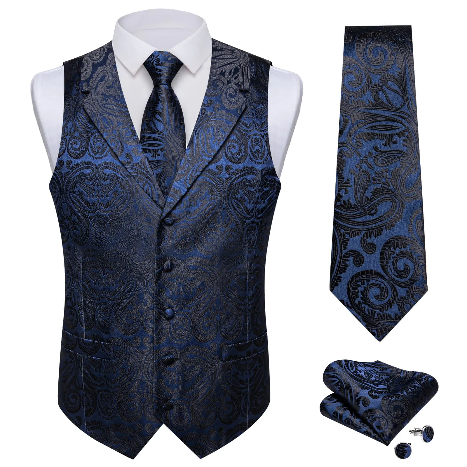 Ties2you Work Vest Dark Midnight Blue Paisley Notched Collar Silk Waistcoat Tie Set for Men