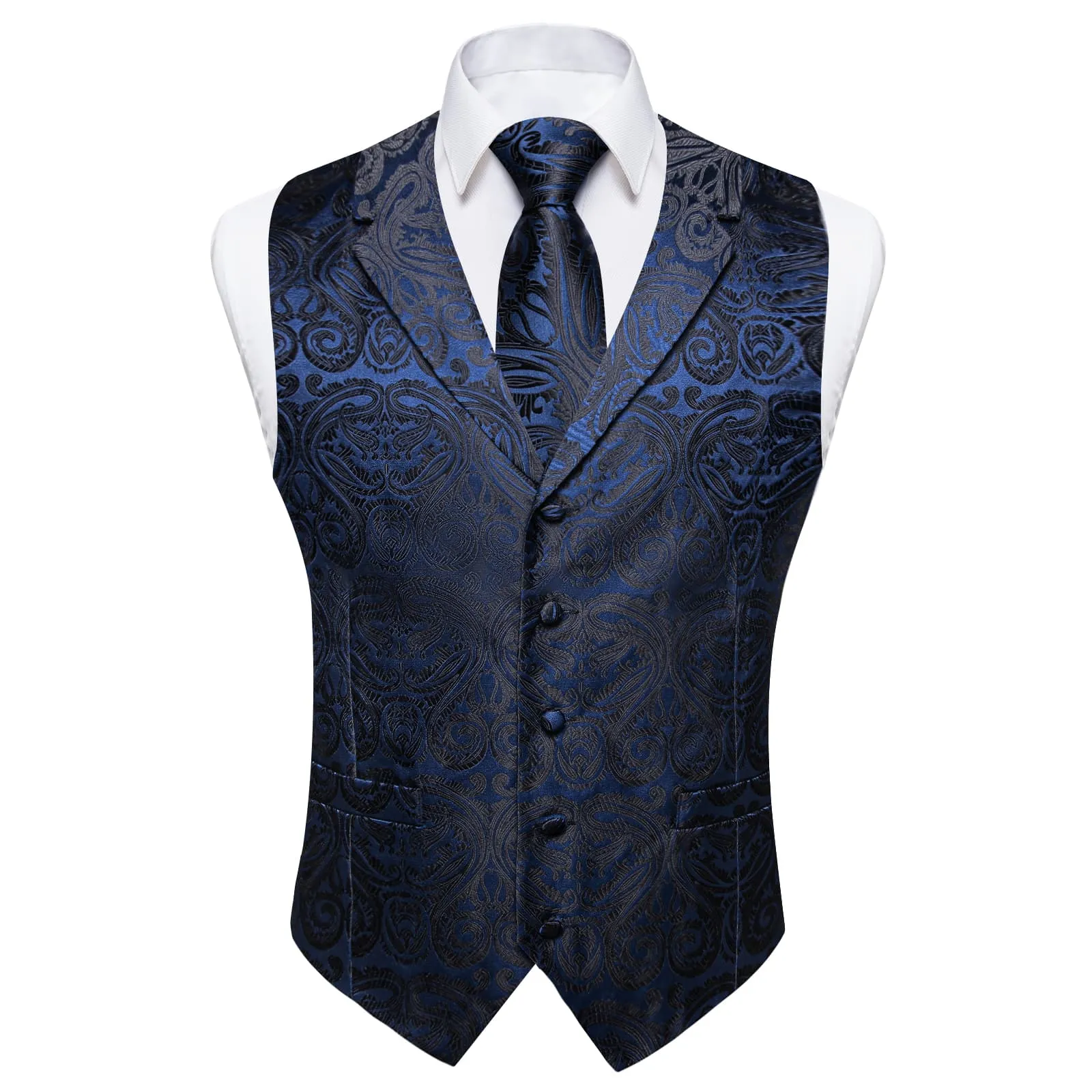 Ties2you Work Vest Dark Midnight Blue Paisley Notched Collar Silk Waistcoat Tie Set for Men