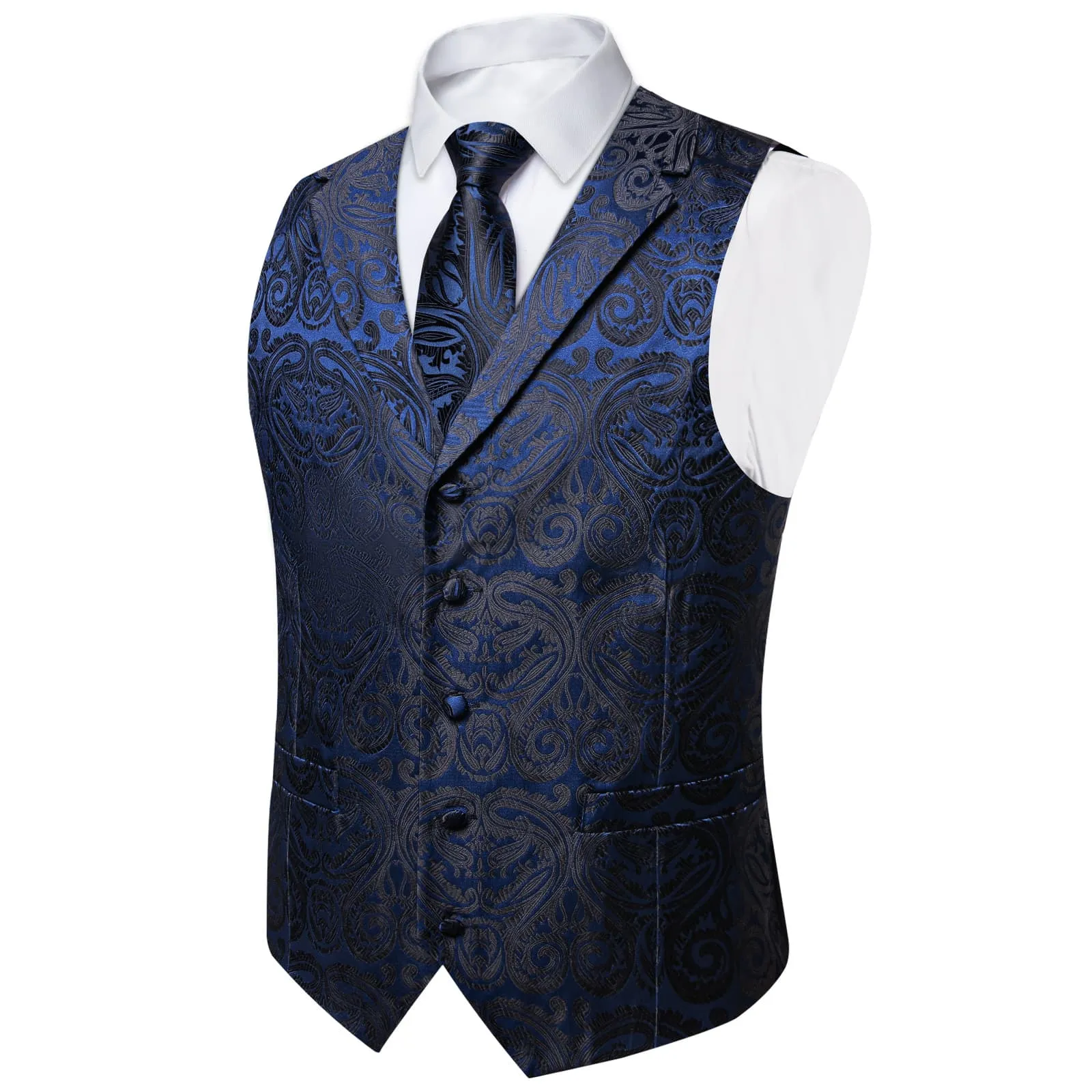 Ties2you Work Vest Dark Midnight Blue Paisley Notched Collar Silk Waistcoat Tie Set for Men