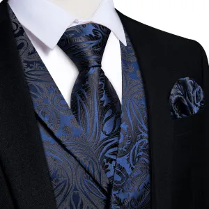 Ties2you Work Vest Dark Midnight Blue Paisley Notched Collar Silk Waistcoat Tie Set for Men