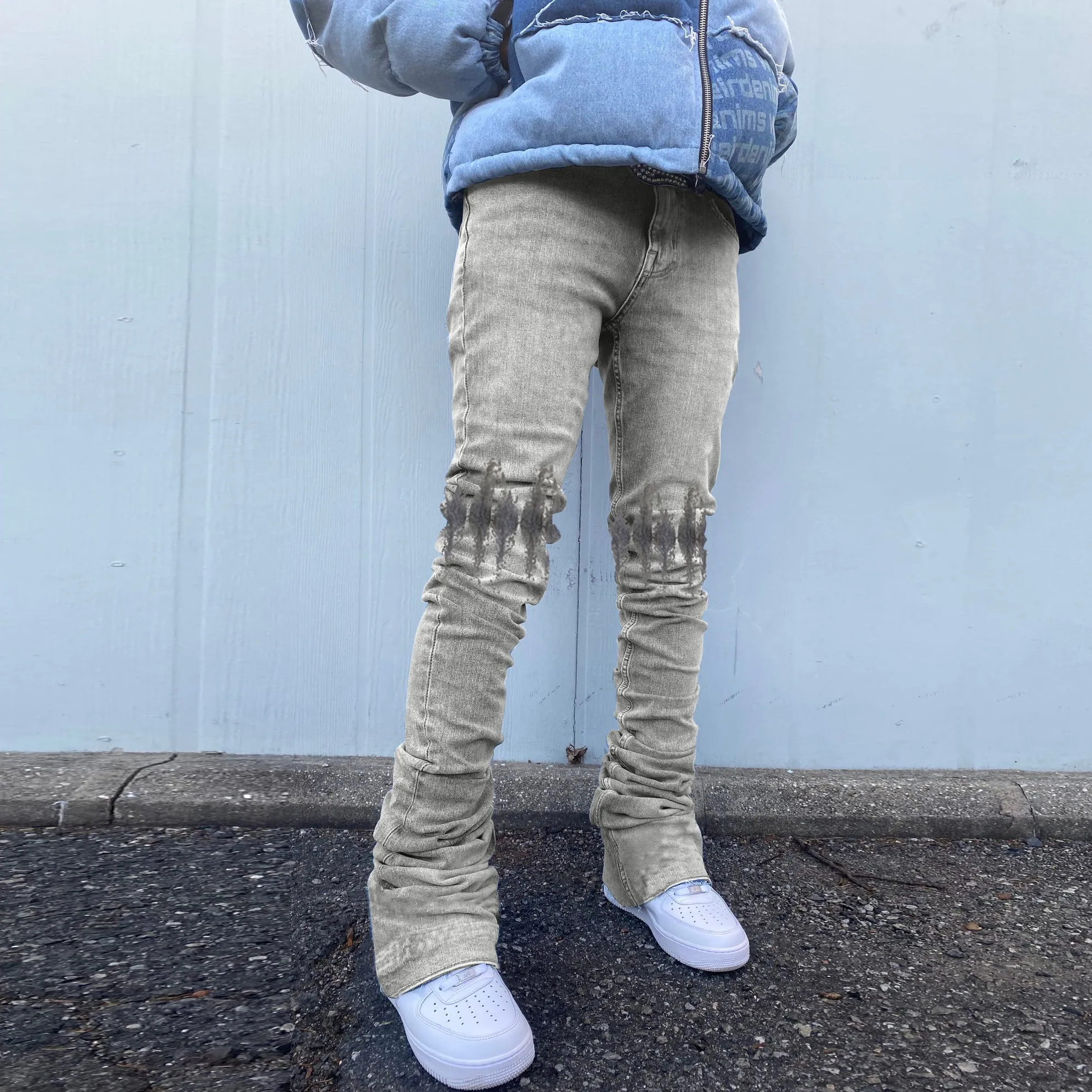 Trendy brand tie-dye gradient denim washed and distressed straight-leg pants