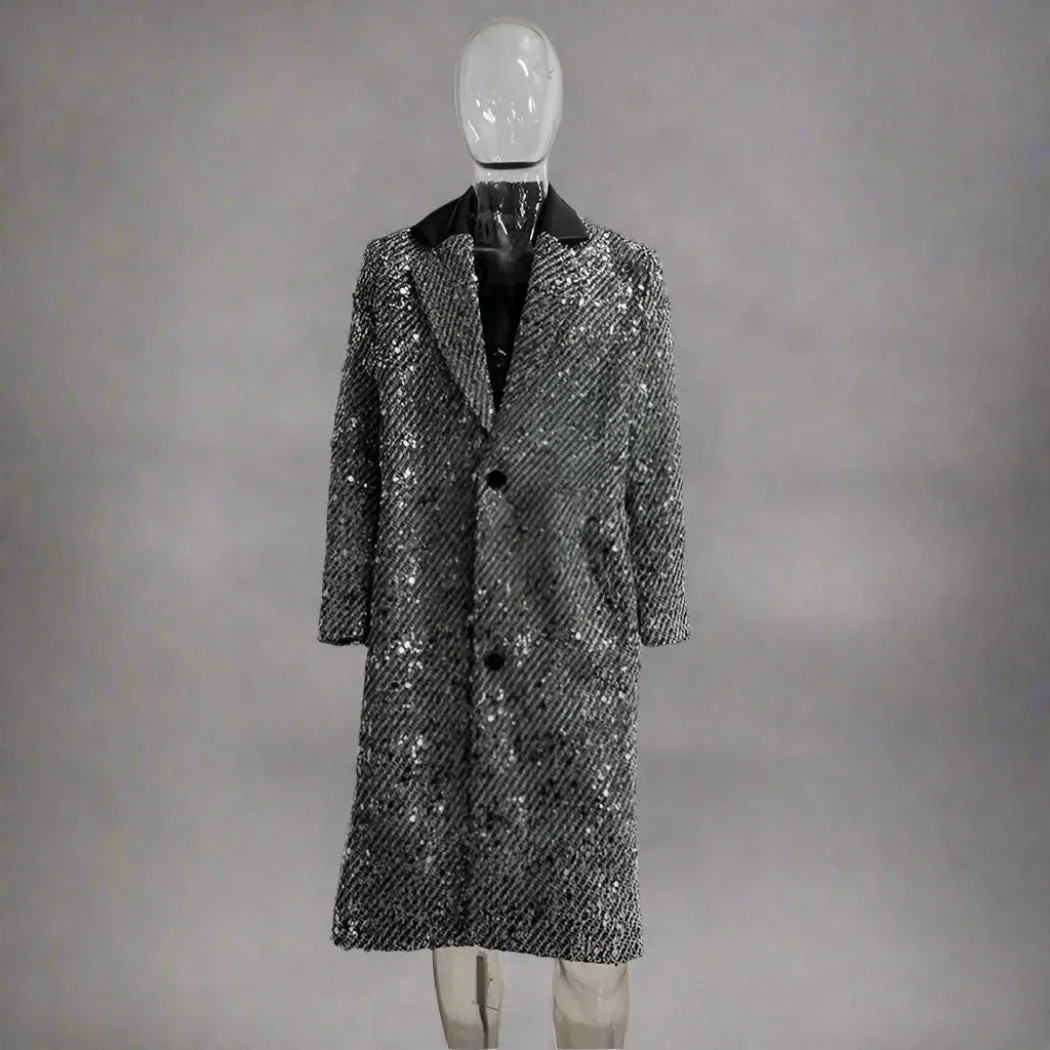 Trendy Men's Long Trench Coat with Sequins