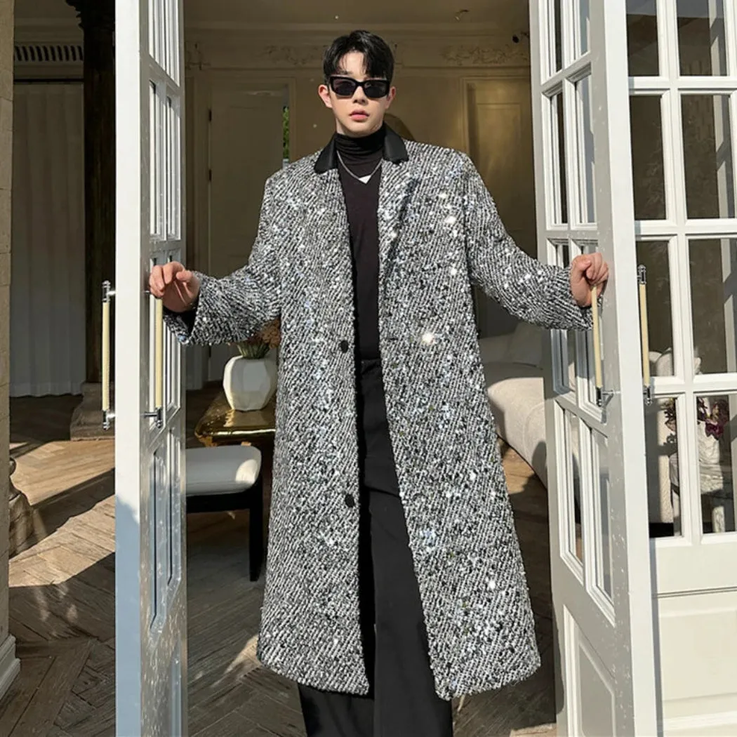 Trendy Men's Long Trench Coat with Sequins