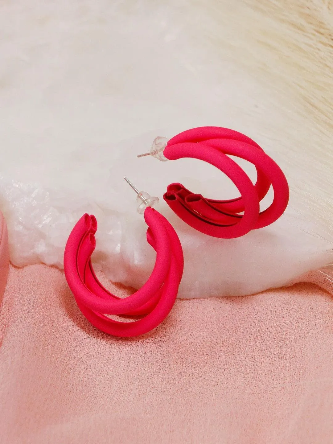 Triple Hoop Earrings Magenta Pink