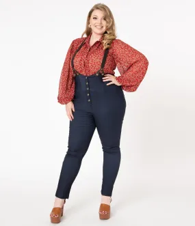 Unique Vintage Plus Size Dark Blue Denim Moorehead Skinny Suspender Pants