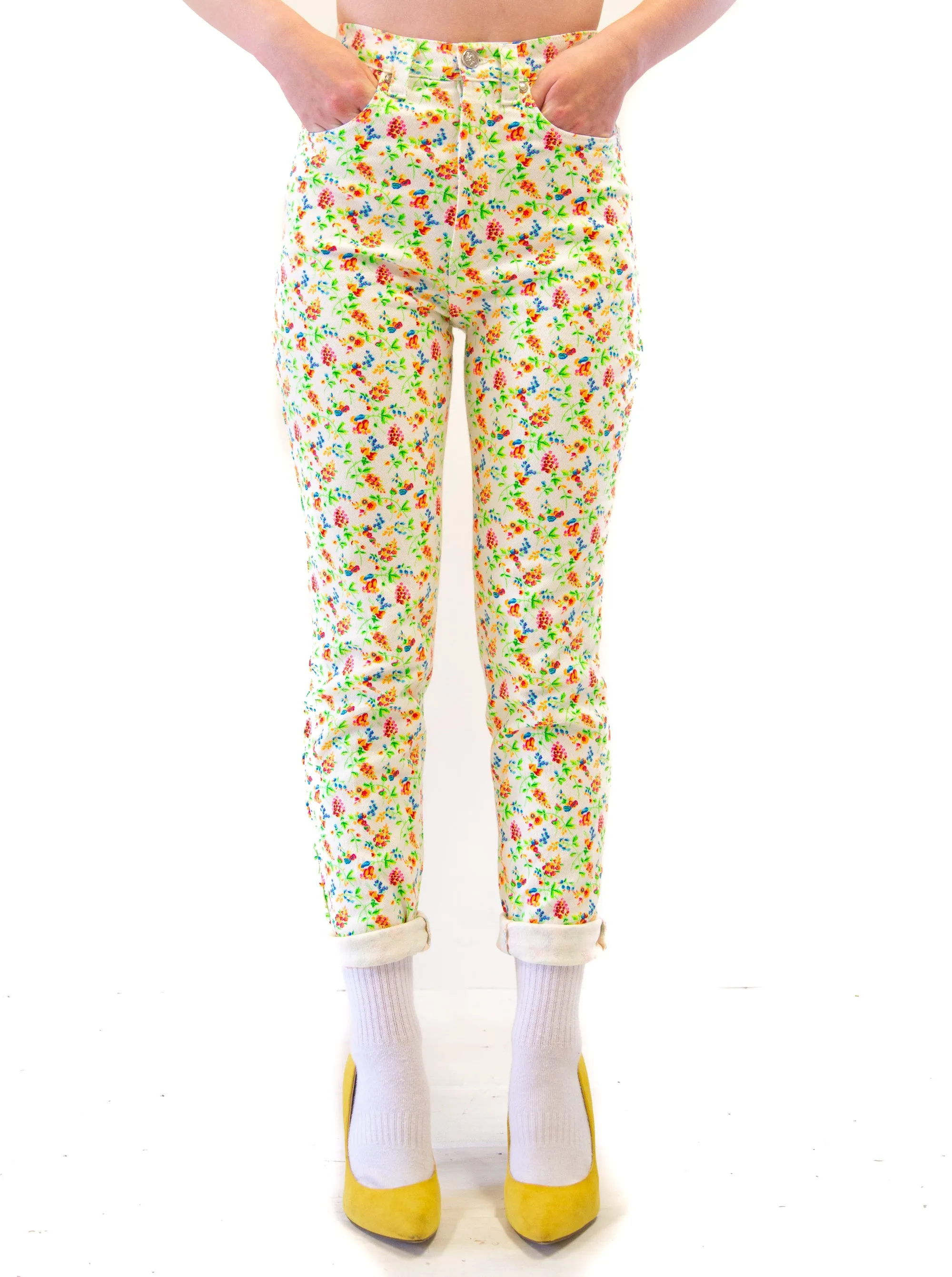 Vintage 1990s Floral White Versace High Waist Jeans