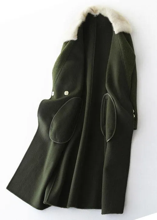 vintage army green Woolen Coats oversized trench coat fur collar women coats Notched