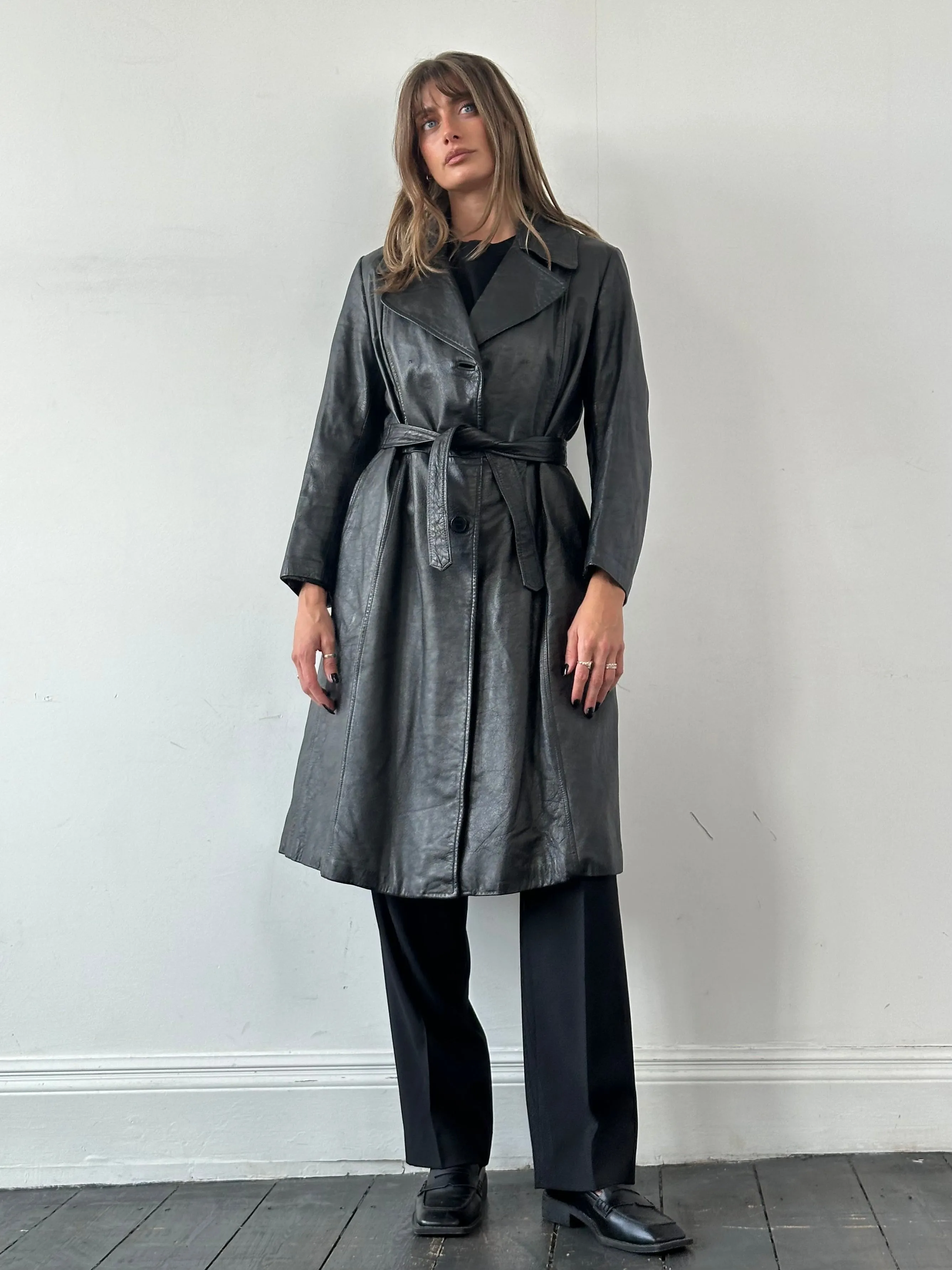 Vintage Belted Leather Trench Coat - M/L