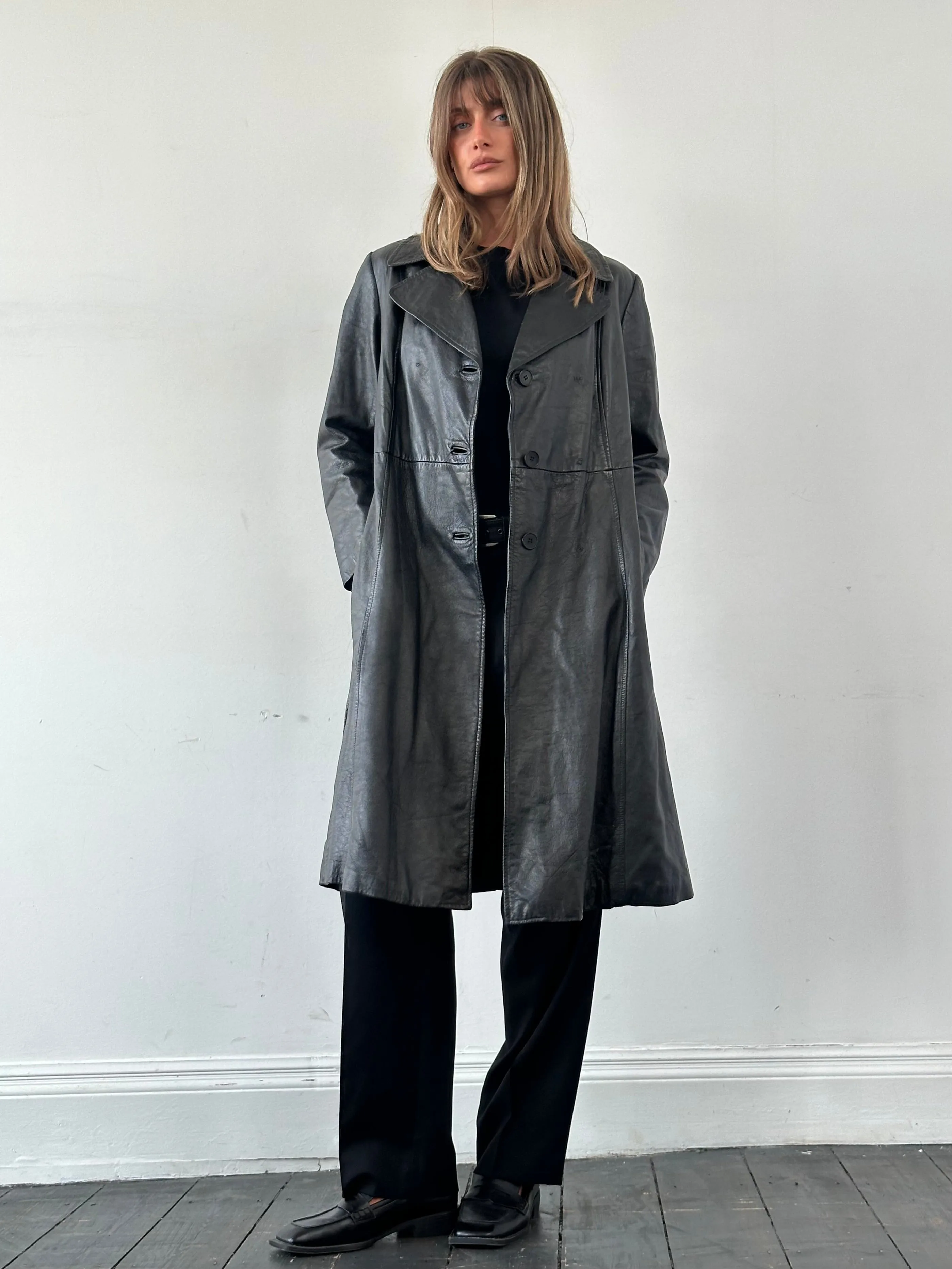 Vintage Belted Leather Trench Coat - M/L