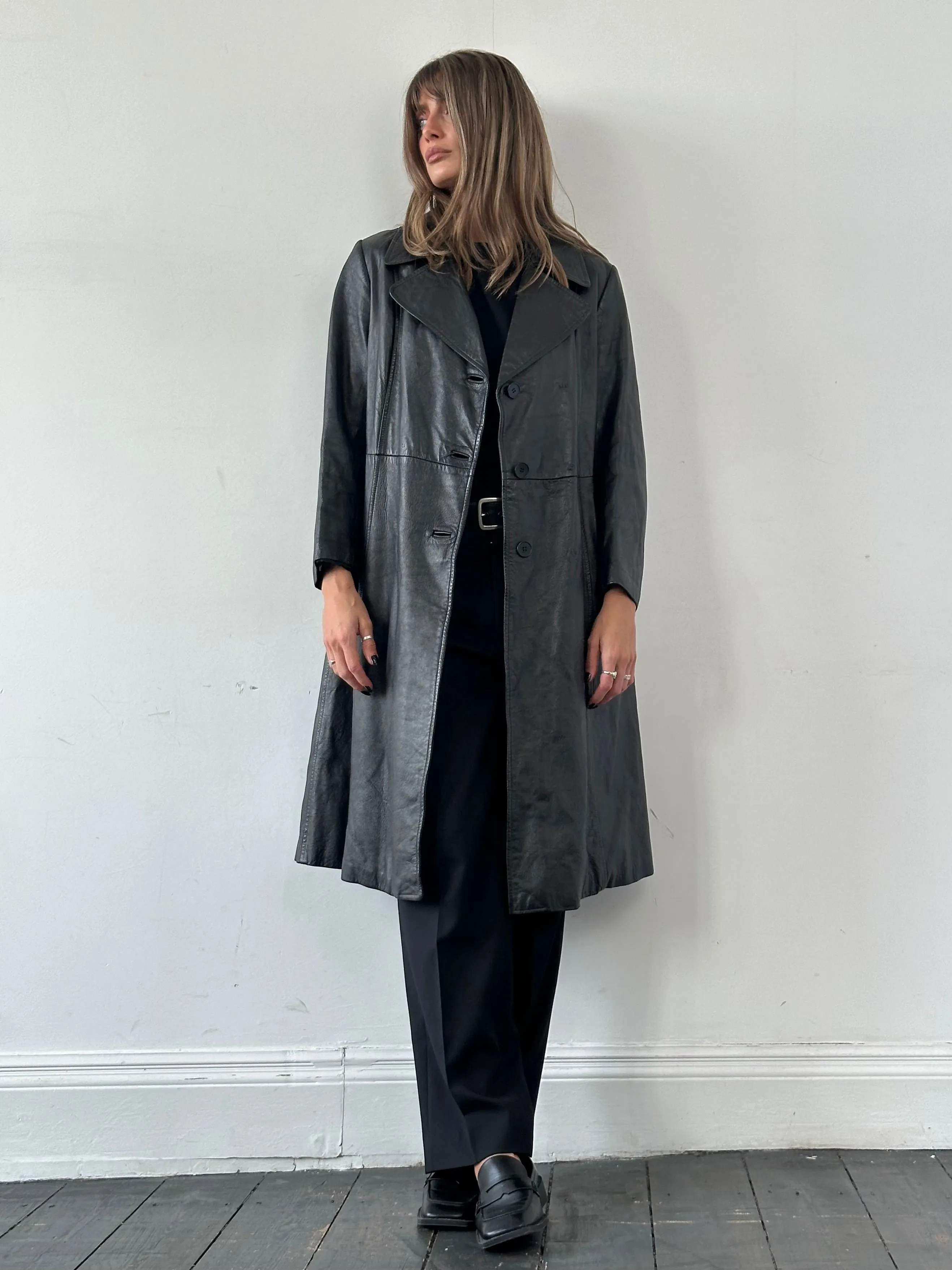 Vintage Belted Leather Trench Coat - M/L