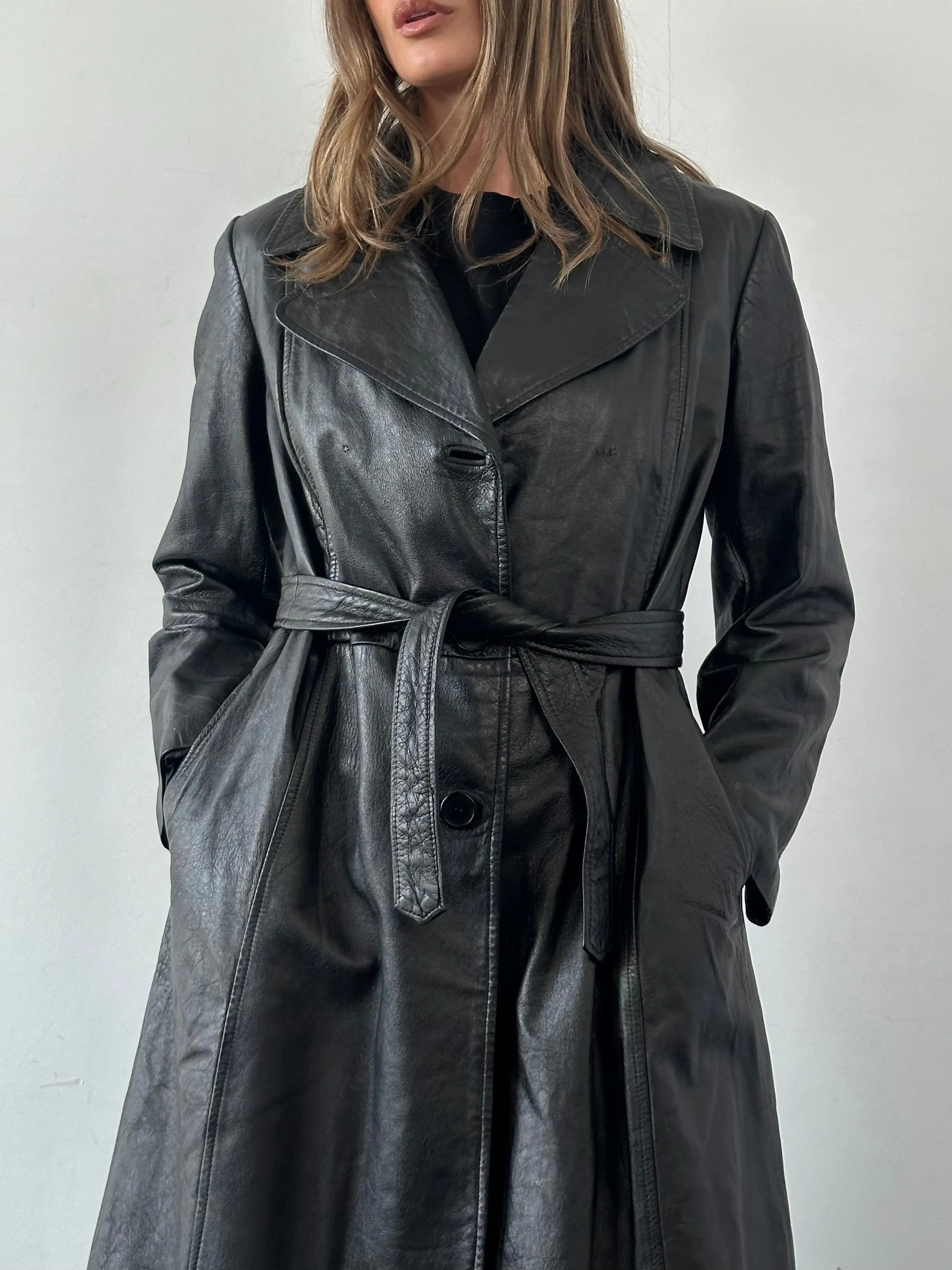 Vintage Belted Leather Trench Coat - M/L