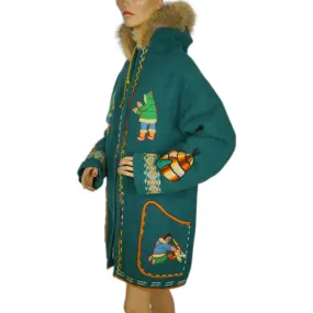 Vintage Eskimo Duffle Parka Coat Inuit Embroidered Green Wool w Fur Trim Hood