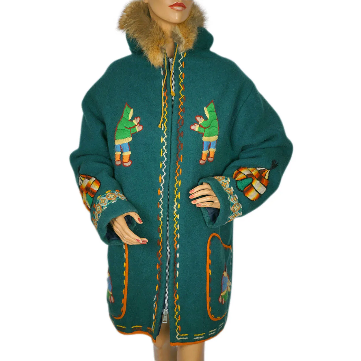 Vintage Eskimo Duffle Parka Coat Inuit Embroidered Green Wool w Fur Trim Hood