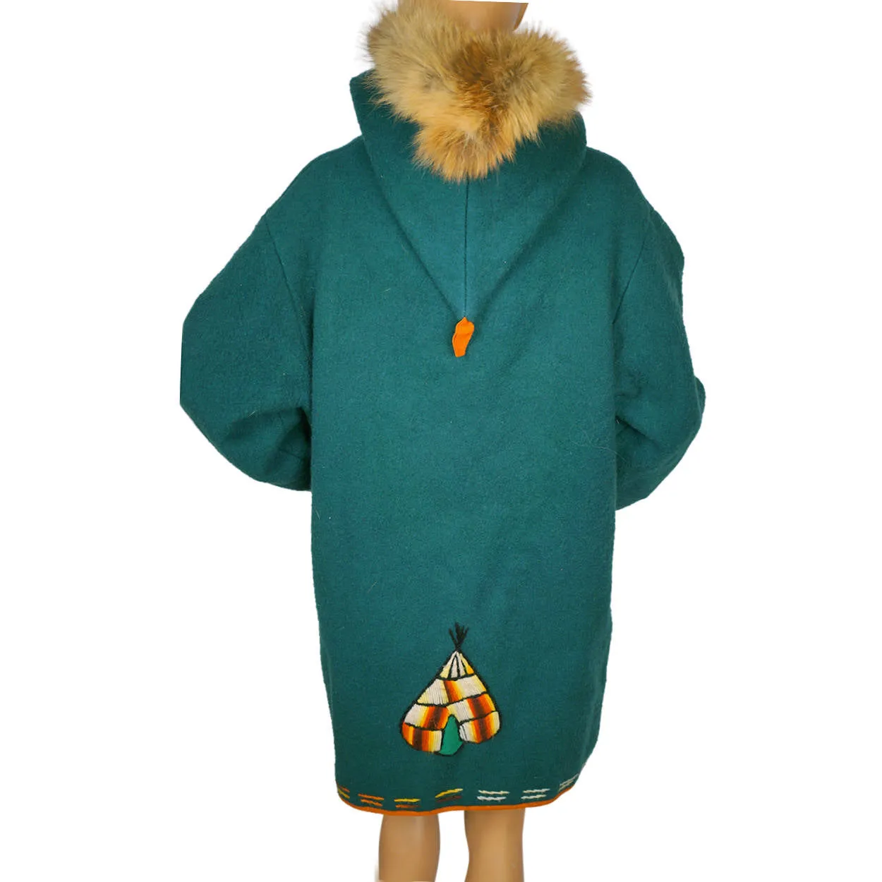 Vintage Eskimo Duffle Parka Coat Inuit Embroidered Green Wool w Fur Trim Hood