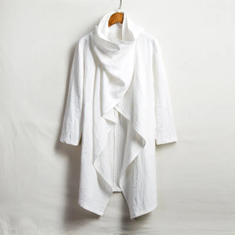 Vintage Linen Mid-Length Stand Collar Trench Coat