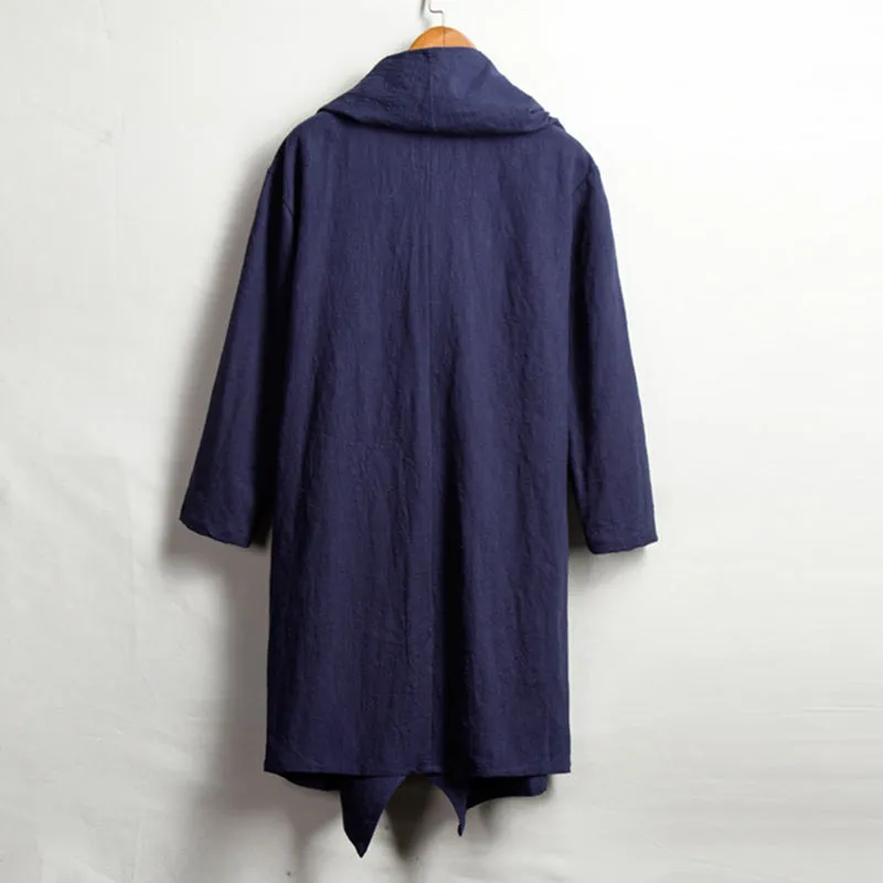 Vintage Linen Mid-Length Stand Collar Trench Coat