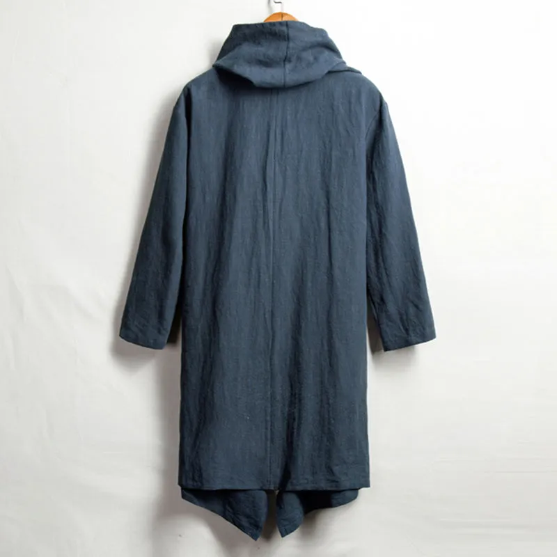 Vintage Linen Mid-Length Stand Collar Trench Coat