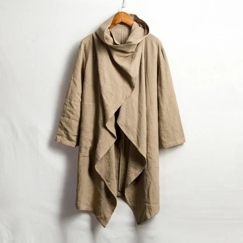 Vintage Linen Mid-Length Stand Collar Trench Coat