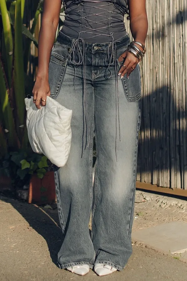 Vintage Patched Pocket High-waist Jeans