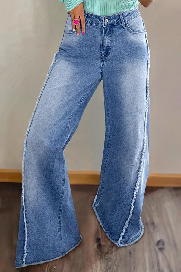 Vintage Stitching Raw Hem Flared Jeans