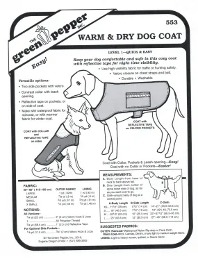 Warm & Dry Dog Coat Sewing Pattern (Sold per Each)