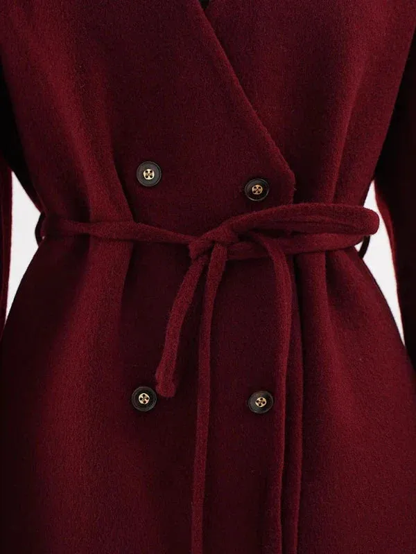 Wenkouban-Winter outfits Christmas Wine Red V-Neck Double Breasted Wool Blend Coat with Belt