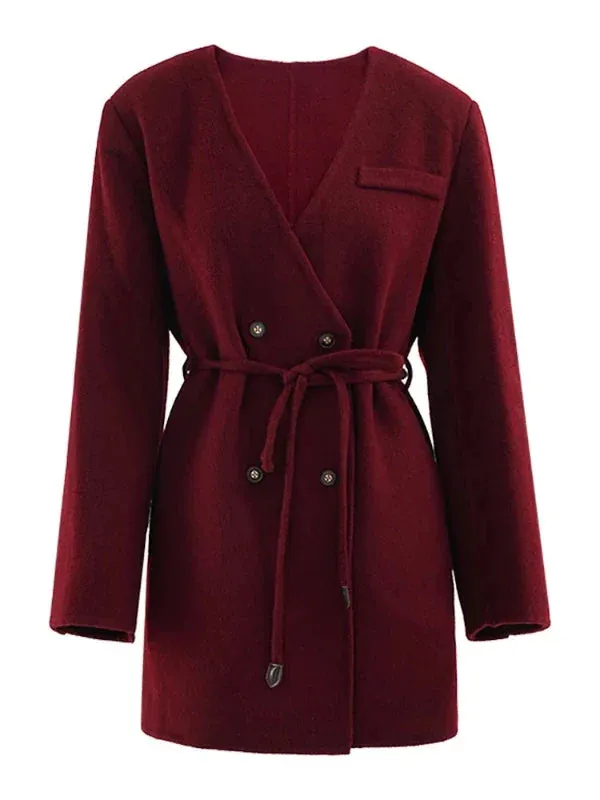 Wenkouban-Winter outfits Christmas Wine Red V-Neck Double Breasted Wool Blend Coat with Belt