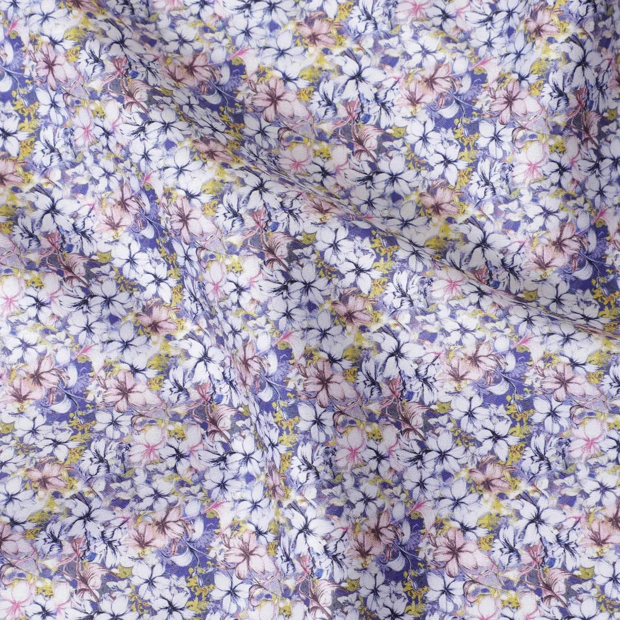 White cotton satin fabric with blue, baby pink and mustard yellow print in floral design-D11918