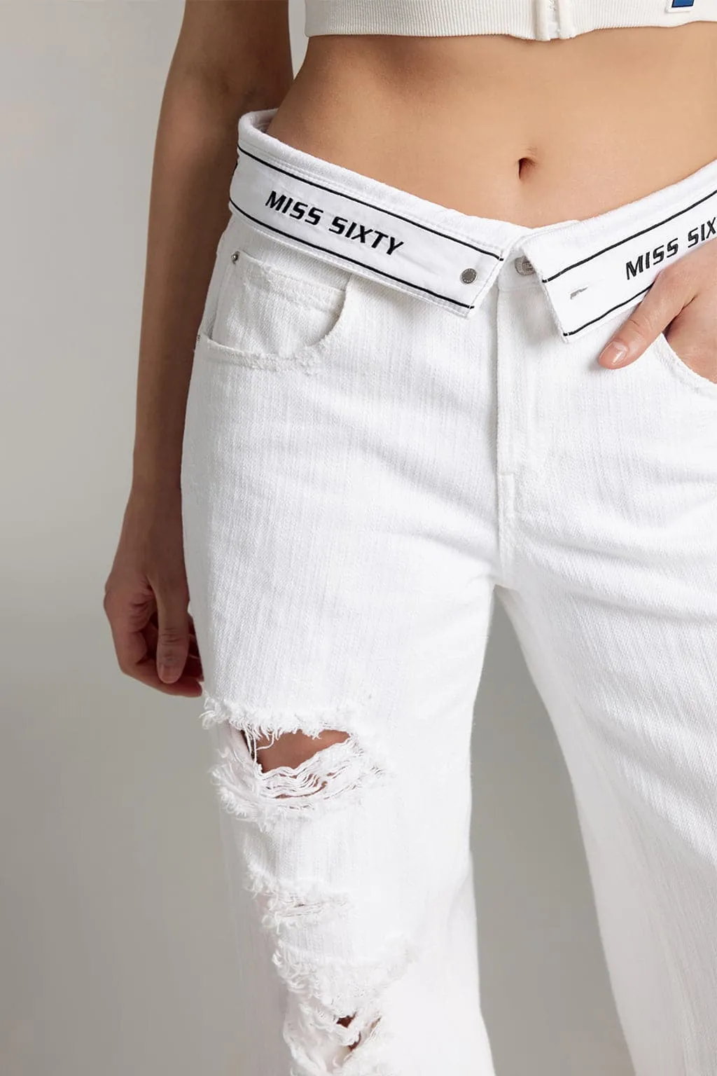 White Folded Waist Ripped Jeans