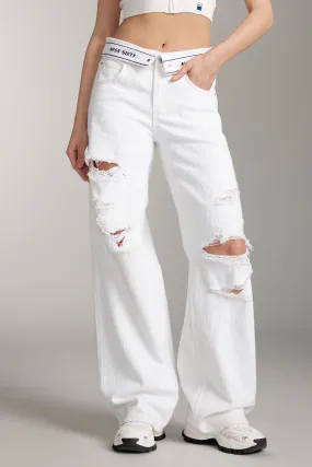 White Folded Waist Ripped Jeans