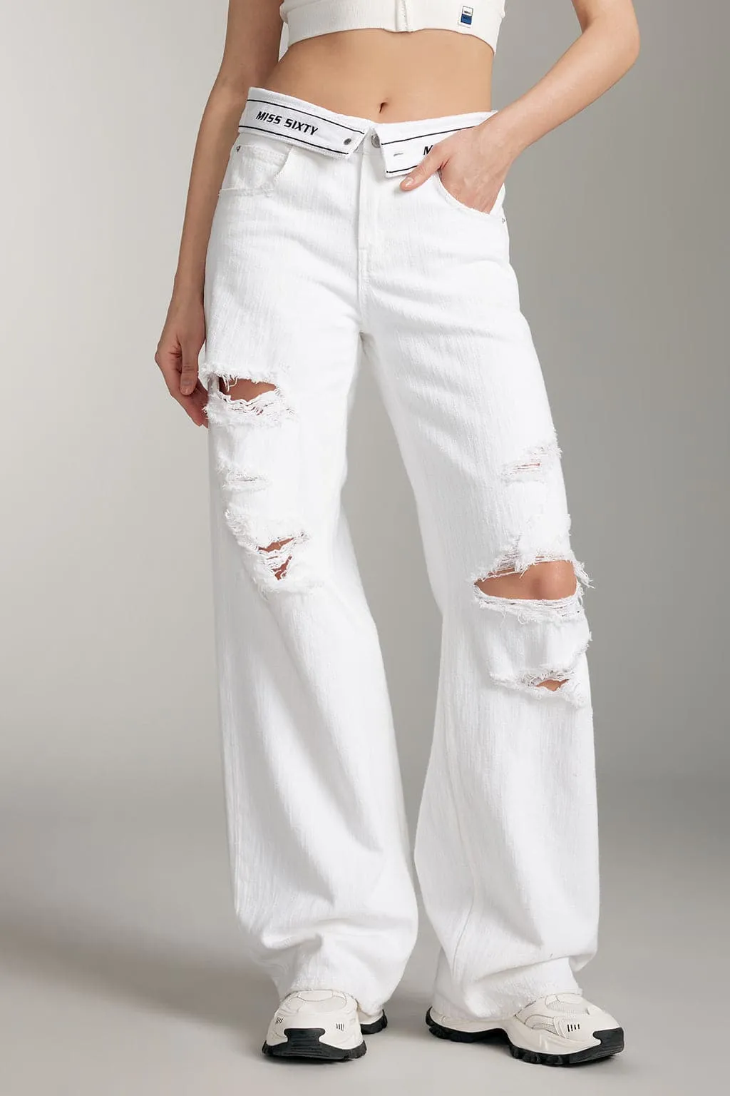 White Folded Waist Ripped Jeans