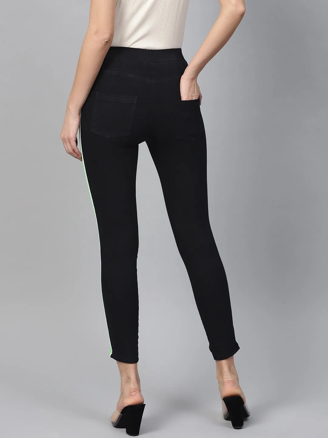 Women Black Neon Side Tape Jeans