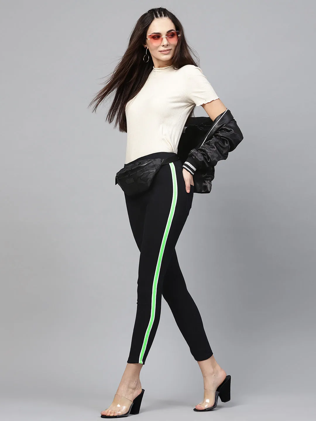 Women Black Neon Side Tape Jeans