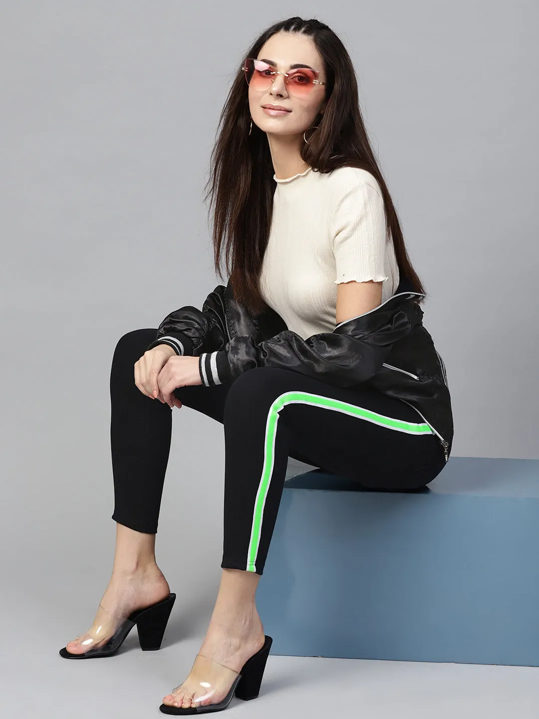 Women Black Neon Side Tape Jeans