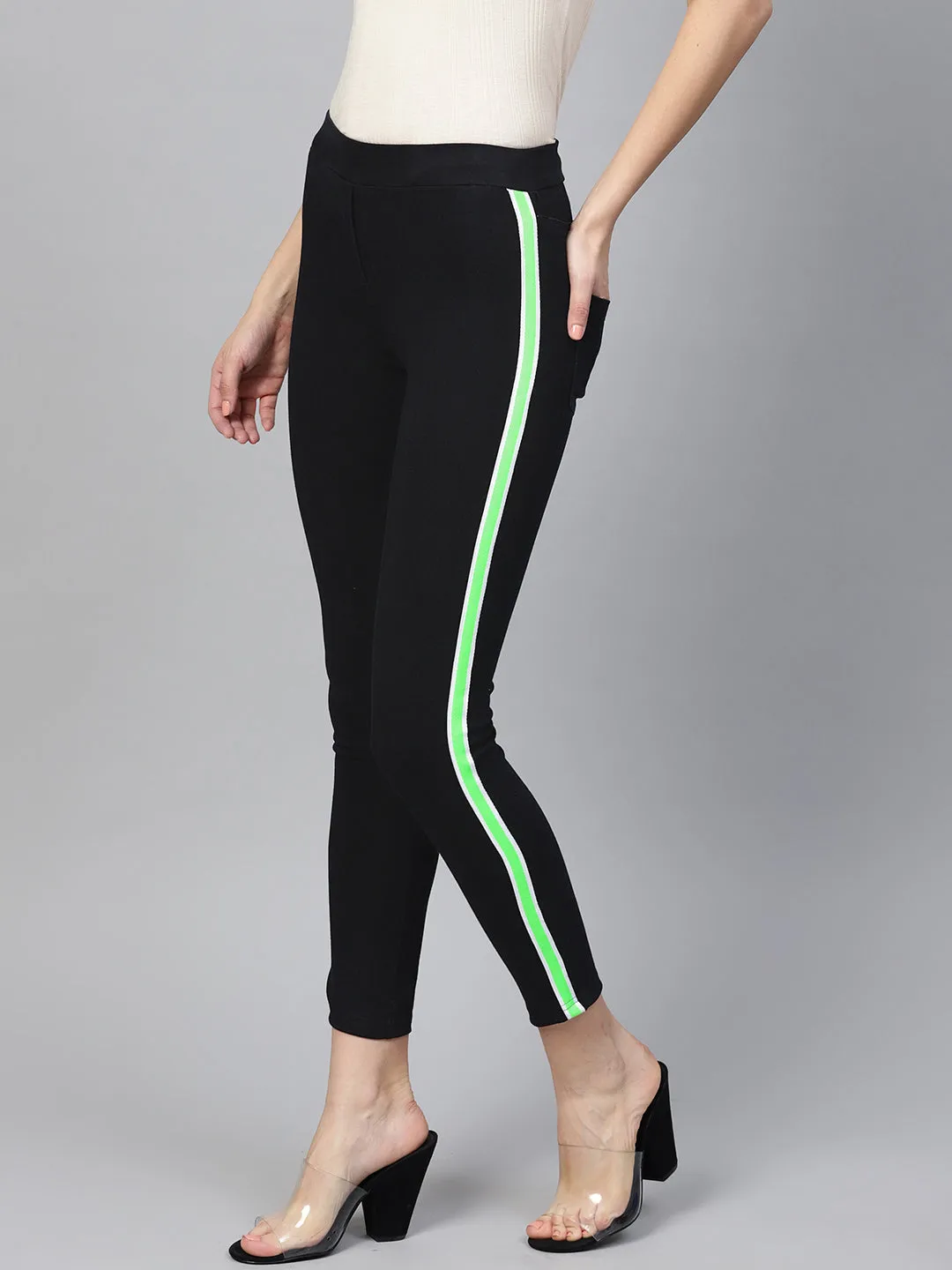 Women Black Neon Side Tape Jeans