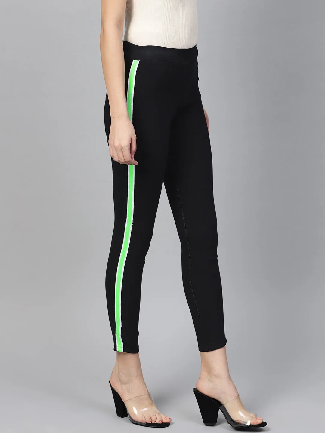 Women Black Neon Side Tape Jeans