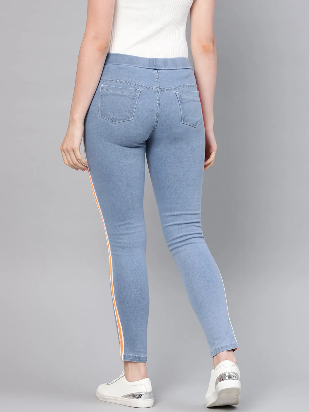 Women Blue Neon Side Tape Jeans