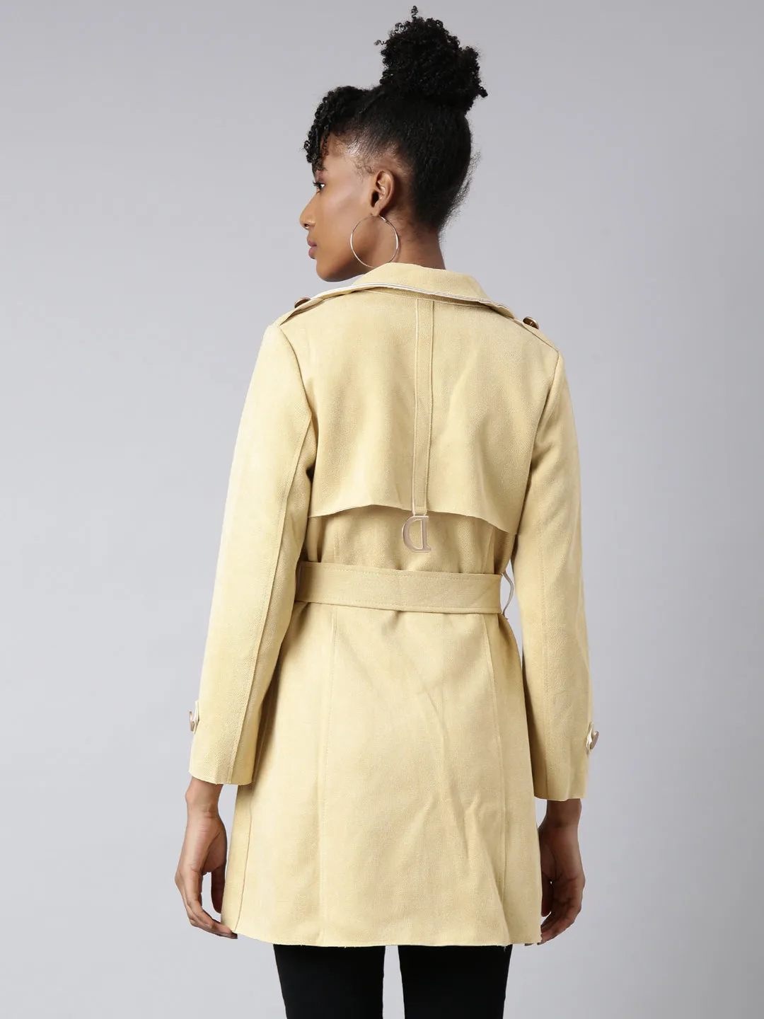 Women Solid Longline Yellow Trench Coat